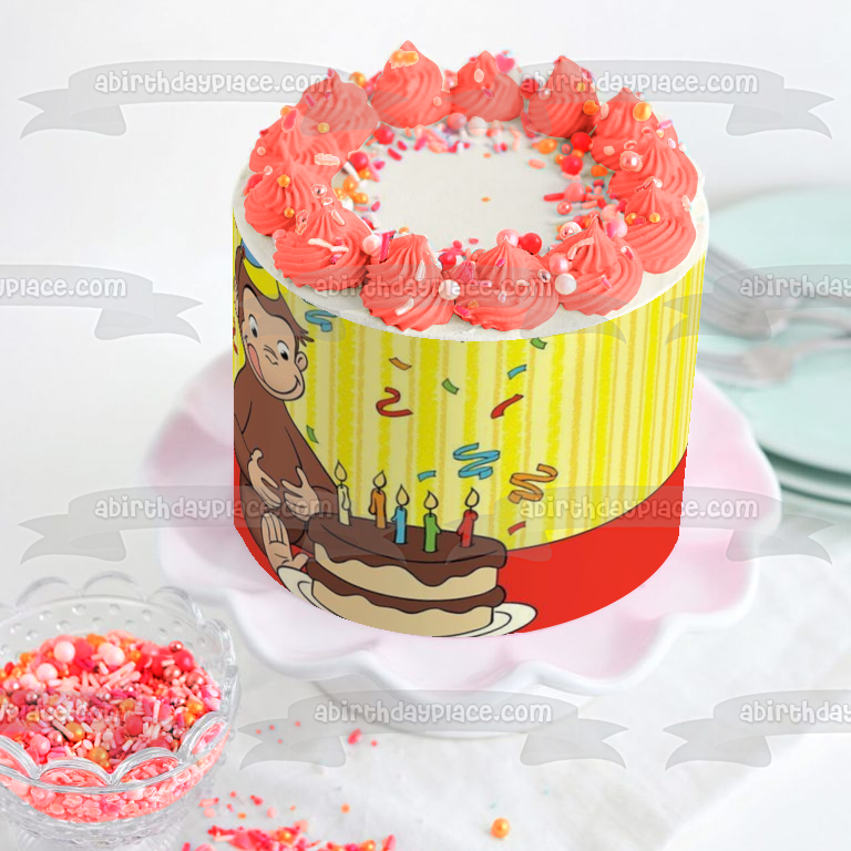 Jorge el Curioso Feliz Cumpleaños Pastel Sombrero y Serpentinas Adorno comestible para pastel Imagen ABPID06322