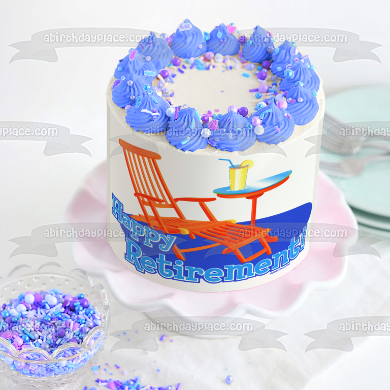 Feliz jubilación, limonada y silla de playa, decoración comestible para tarta, imagen ABPID06163