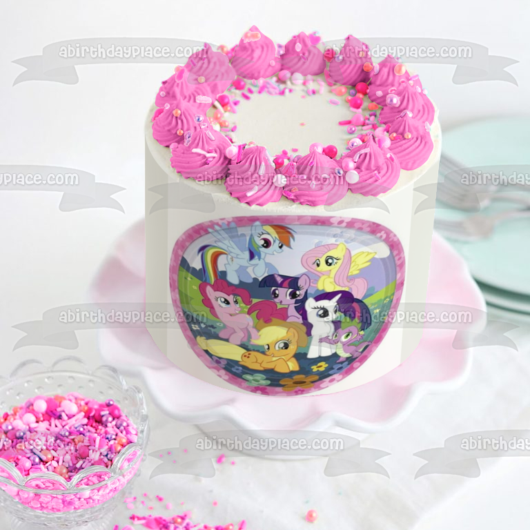 My Little Pony Equestria Girls Rainbow Dash Fluttershy Pinkie Pie and Flowers Edible Cake Topper Image ABPID06245