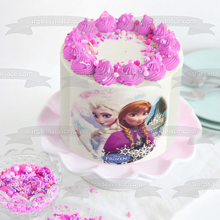 Frozen Anna Elsa Snowflakes and a Castle Edible Cake Topper Image ABPID06270