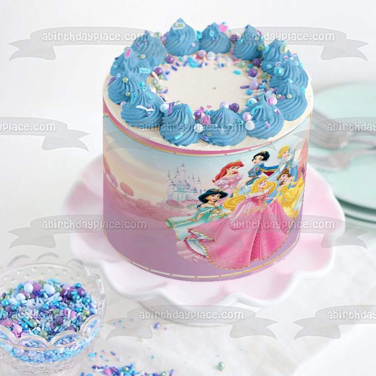 Princesses Aurora Jasmine Belle Cinderella Ariel Snow White and a Castle Edible Cake Topper Image ABPID06454