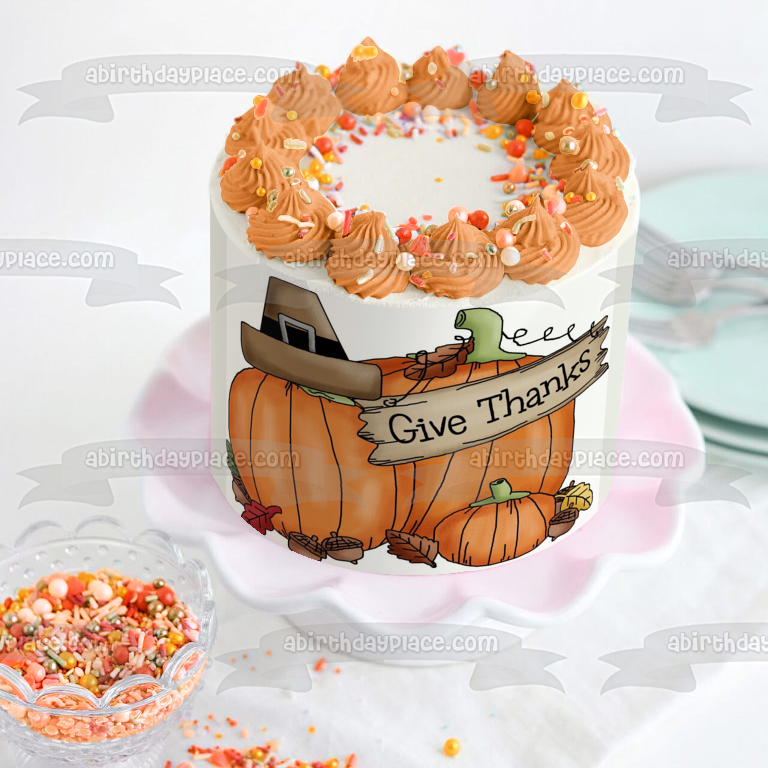 Thanksgiving Harvest with Pumpkins Give Thanks Edible Cake Topper Image ABPID06602