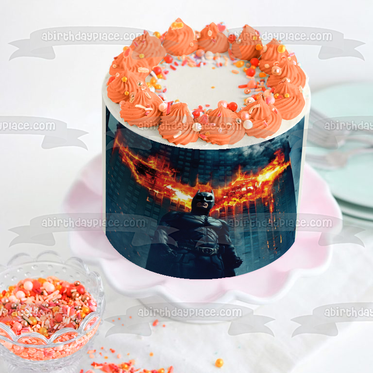 Batman Dark Knight Burning Building In the Background Edible Cake Topper Image ABPID06565