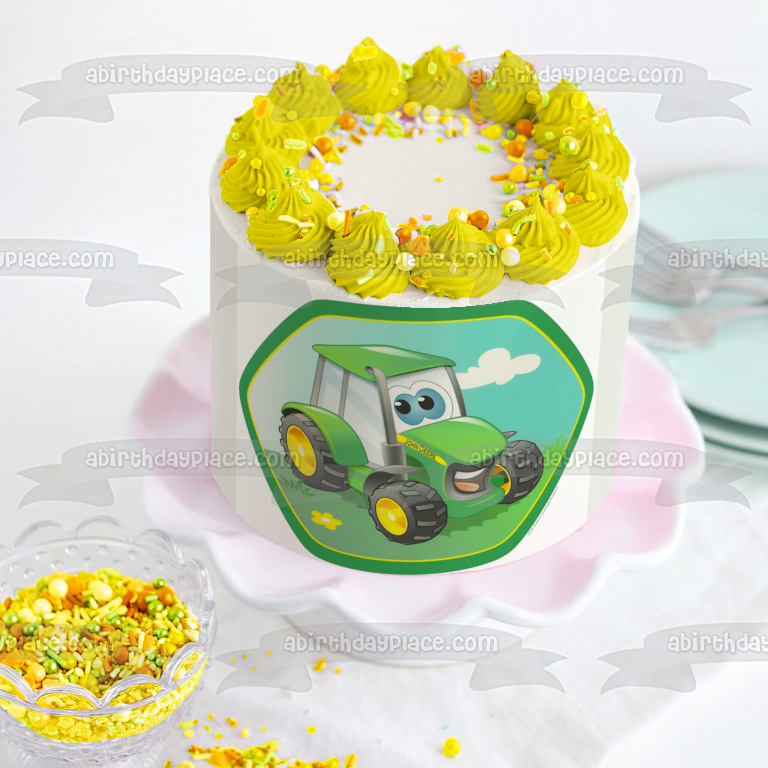 John Deere Tractor Cartoon Sky Clouds and Grass Edible Cake Topper Image ABPID07011