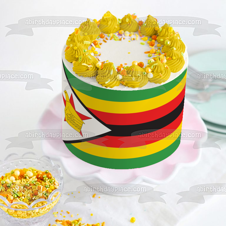 Bandera de Zimbabue verde amarillo rojo negro rayas Zimbabue pájaro comestible decoración para tarta imagen ABPID06969