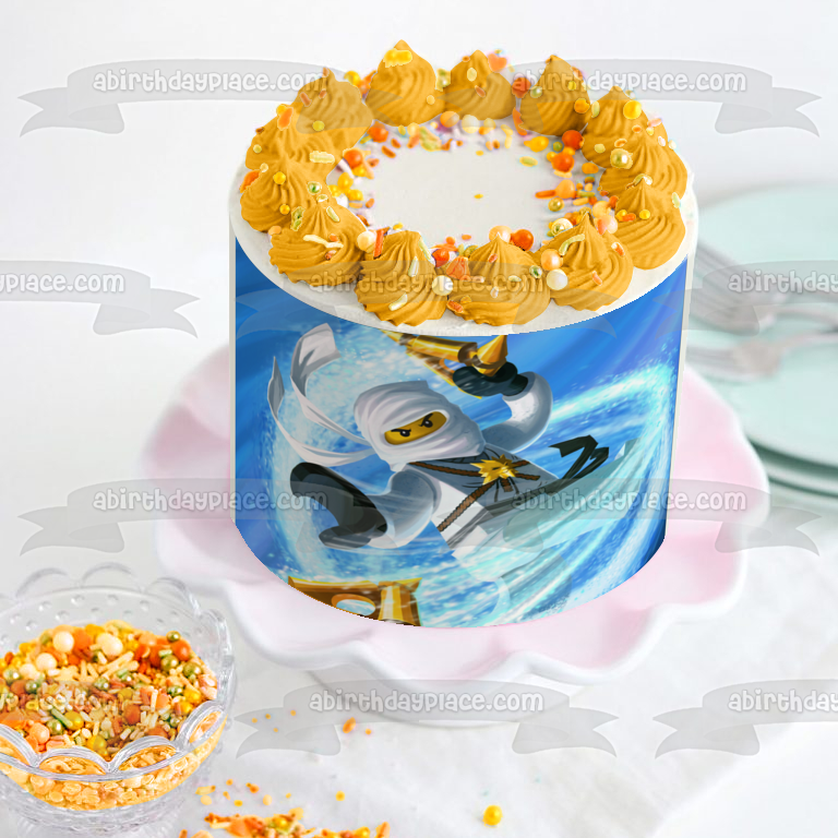 LEGO Ninjago White Ninja Zane with a Blue Background Edible Cake Topper Image ABPID06973