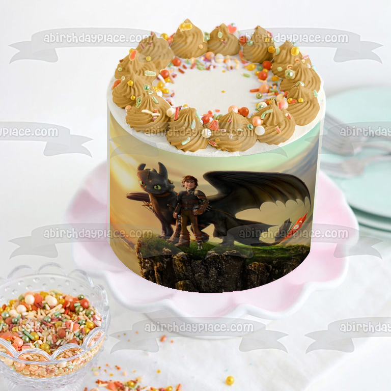 How to Train Your Dragon Toothless and Hiccup on a Rock Edible Cake Topper Image ABPID07329