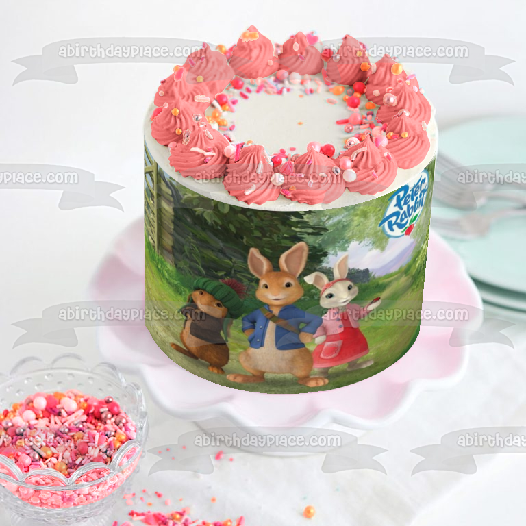 Peter Rabbit Logo Benjamin Bunny Lily Bobtail Trees Imagen comestible para tarta ABPID07341