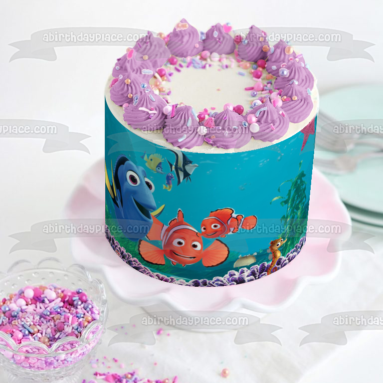 Buscando a Nemo Dory Nemo Marlin Peach Gill y Sheldon Imagen comestible para decoración de tarta ABPID07344