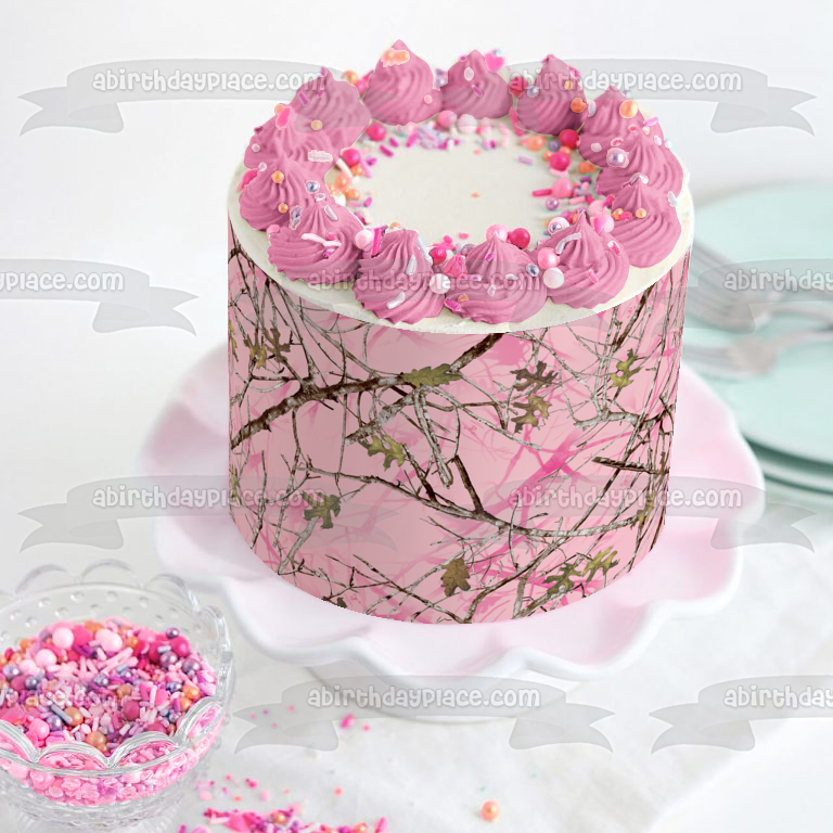 Mossy Oak Trees Leaves Camouflage Pink Background Camo Edible Cake Topper Image ABPID07377