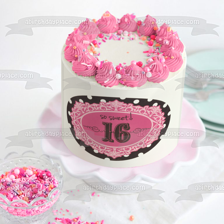 Sweet 16 Birthday so Sweet Pink Black and White Polka Dots Edible Cake Topper Image ABPID07270