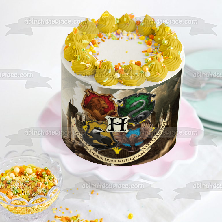 Harry Potter Hogwarts Crests Gryffindor Hufflepuff Emblem Ravenclaw and Slytherin Draco Dormiens Nunquam Titillandus Edible Cake Topper Image ABPID07611