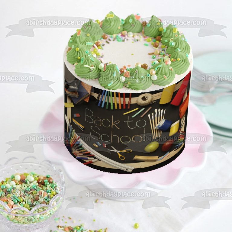 Back to School Markers Crayons Pencils Paint and a Chalkboard Edible Cake Topper Image ABPID07786