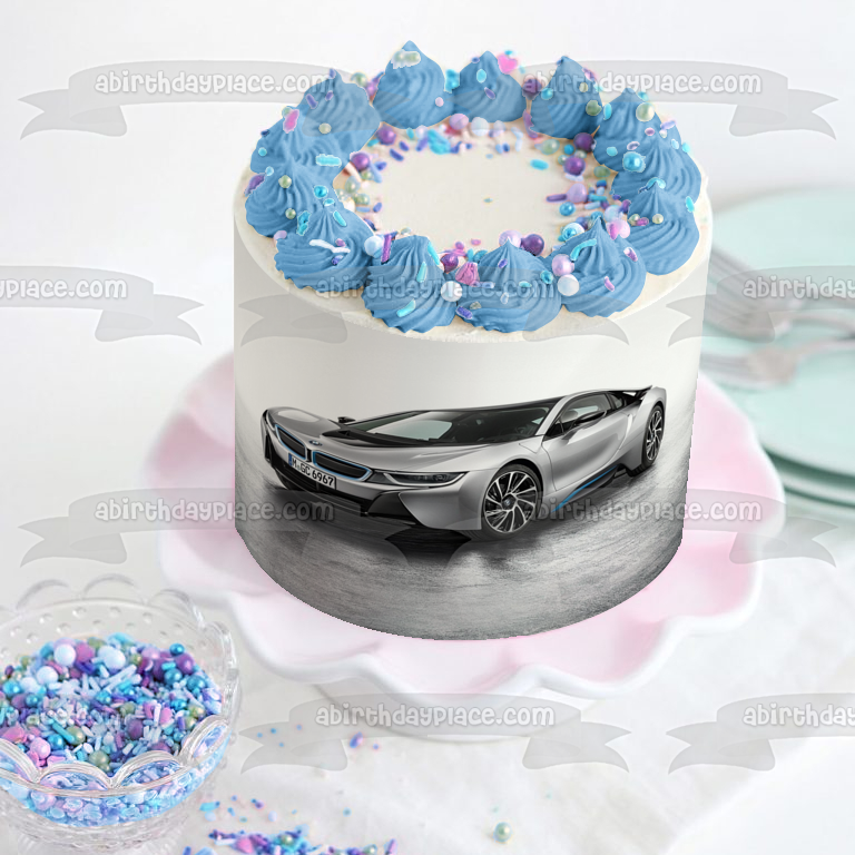 Silver 2015 BMW I8 Sports Car Edible Cake Topper Image ABPID07803