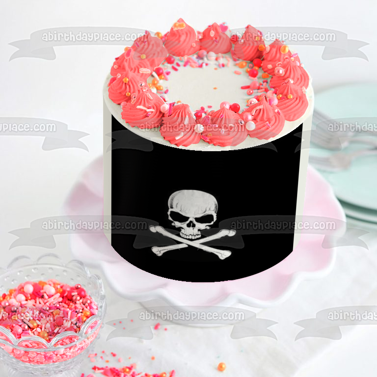 Skull and Cross Bones In Black and White Edible Cake Topper Image ABPID07936