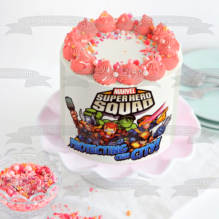 Escuadrón de superhéroes Spider-Man Hulk y Iron Man protegiendo nuestra ciudad Imagen comestible para decoración de tarta ABPID07949