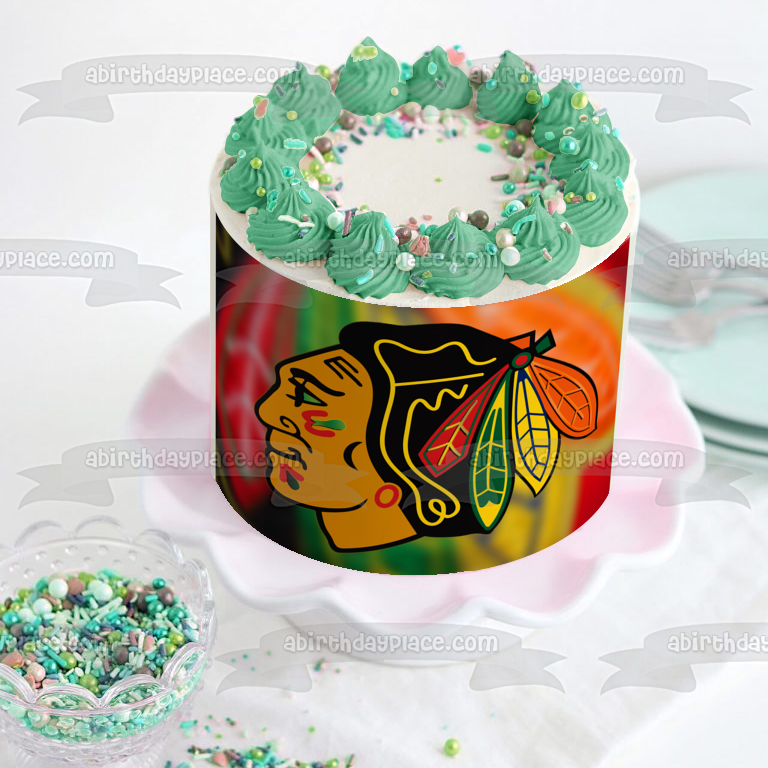 Chicago Blackhawks Logo NHL Professional Ice Hockey with a Colored Feather Background Edible Cake Topper Image ABPID07871
