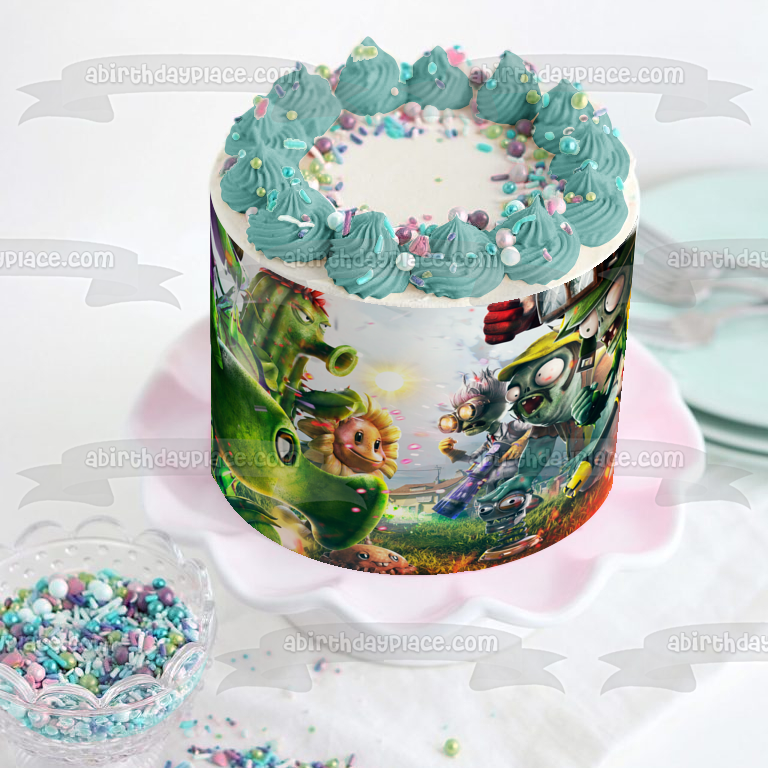 Plants Vs Zombies Peashooter Sunflower and Zombies Edible Cake Topper Image ABPID07994