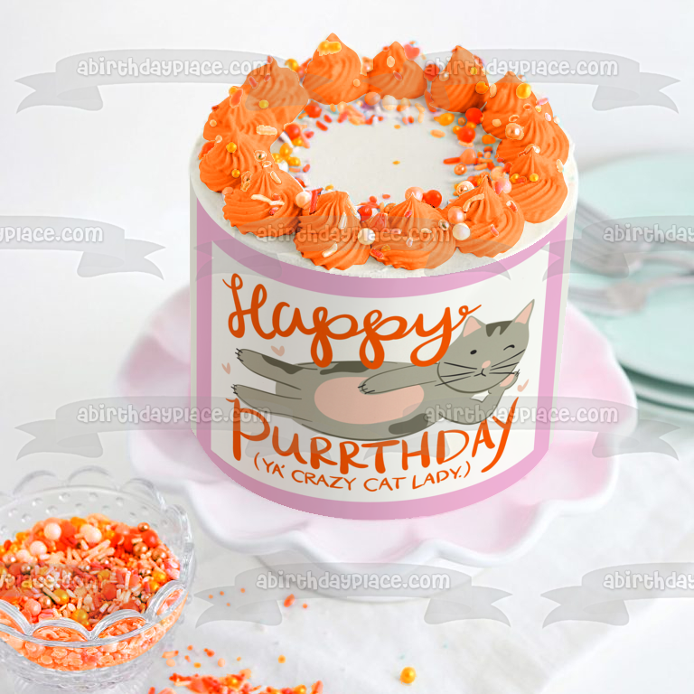Happy Purrthday Ya Crazy Cat Lady - Adorno comestible para tarta con diseño de gato gris y corazones morados, imagen ABPID08111