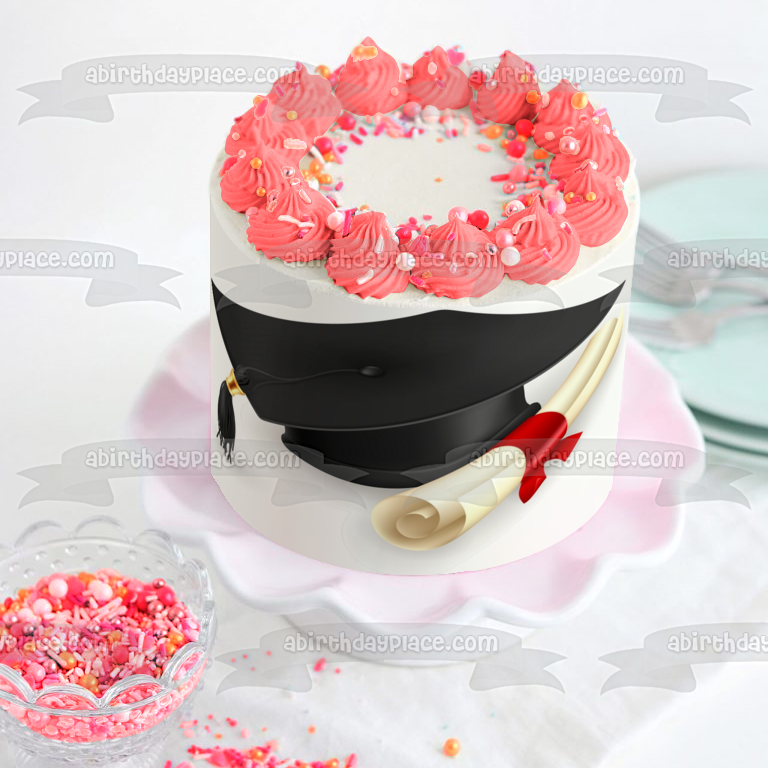 Gorro de graduación con pergamino blanco y negro, adorno comestible para tarta, imagen ABPID08019