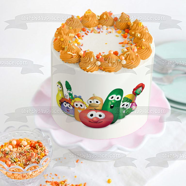 Veggietales Bob the Tomato Larry the Cucumber and Junior Asparagus Edible Cake Topper Image ABPID08034