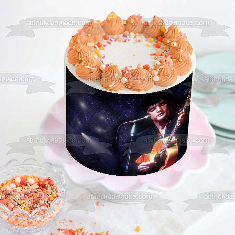 Elvis Presley the King Microphone Guitar Starry Background Edible Cake Topper Image ABPID08413