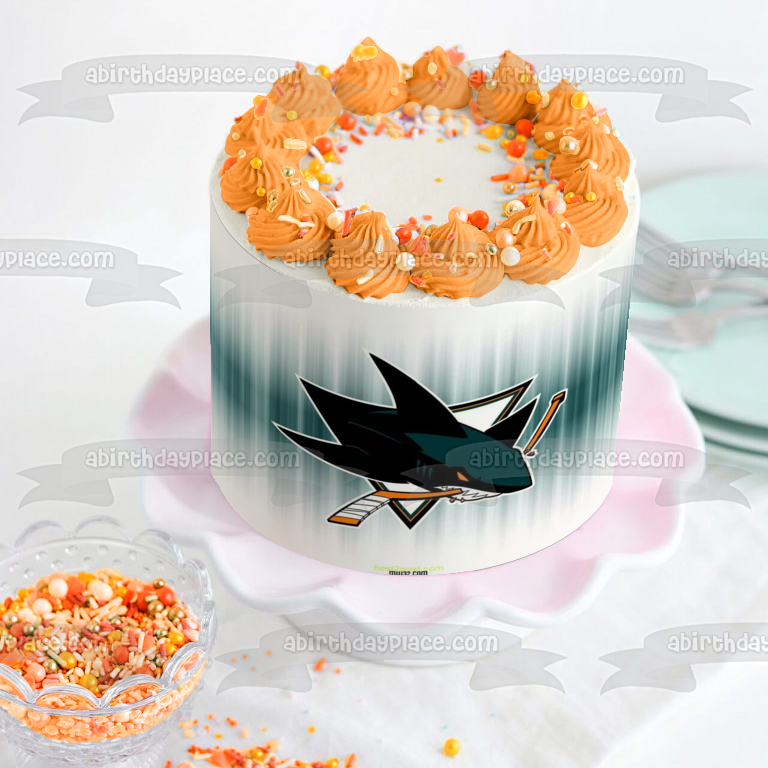 San Jose Sharks Logo NHL Sports Blue Background Edible Cake Topper Image ABPID08489
