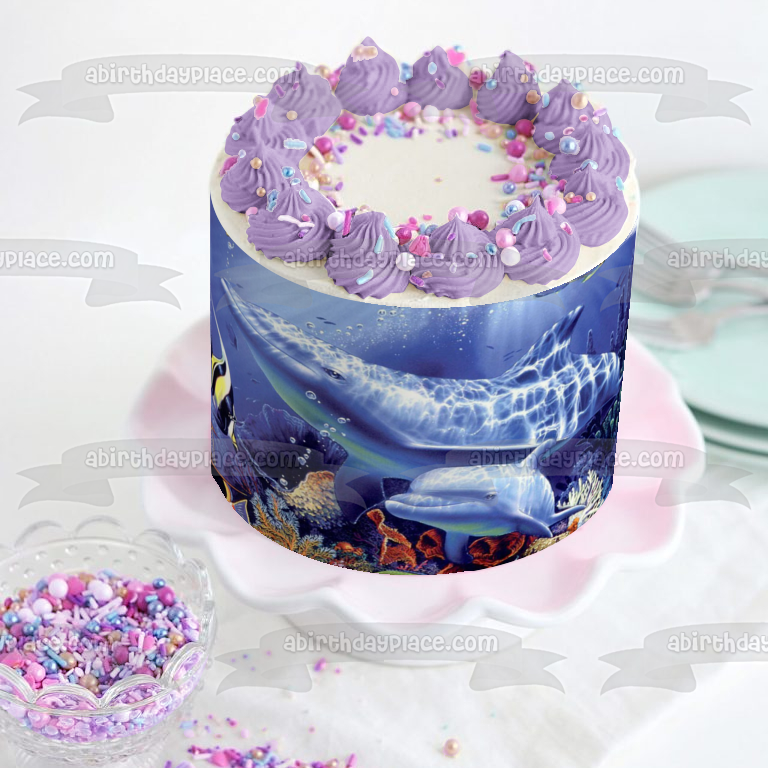 Dolphins Fish Coral Underwater Edible Cake Topper Image ABPID08399