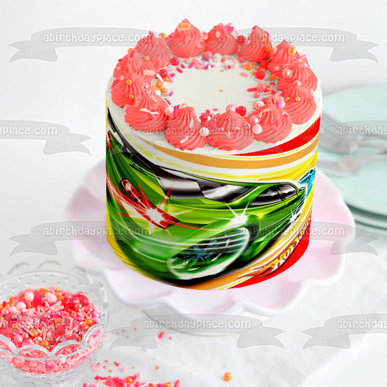 Mattel Hot Wheels Logo Green Blue Cars Racing Edible Cake Topper Image ABPID09128