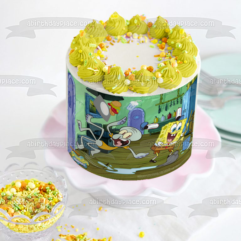 SpongeBob SquarePants Sponge Bob Square Pants Mopping Squidward Slips Edible Cake Topper Image ABPID09265