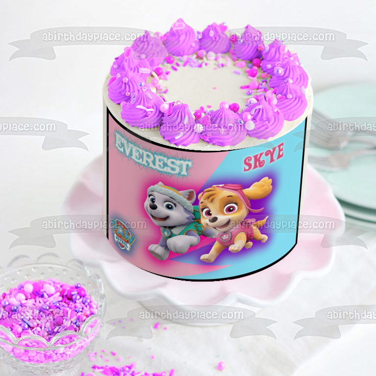 Decoración comestible para tarta con fondo azul y rosa de la Patrulla Canina Everest Skye ABPID10696