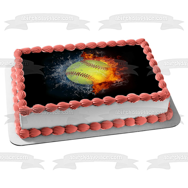 Softball Fire and Water Splash Abstract Sports Edible Cake Topper Image ABPID55682