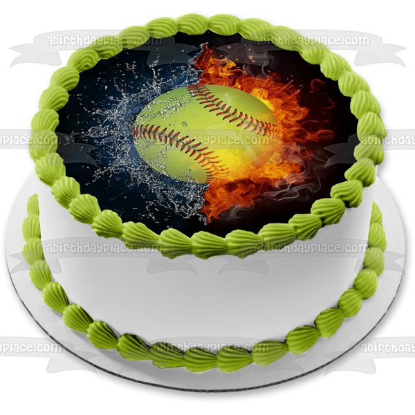 Softball Fire and Water Splash Abstract Sports Edible Cake Topper Image ABPID55682