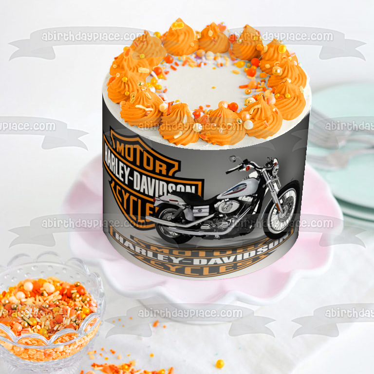 Harley Davidson Motor Cycle Logo Silver Motorcycle Edible Cake Topper Image ABPID11194