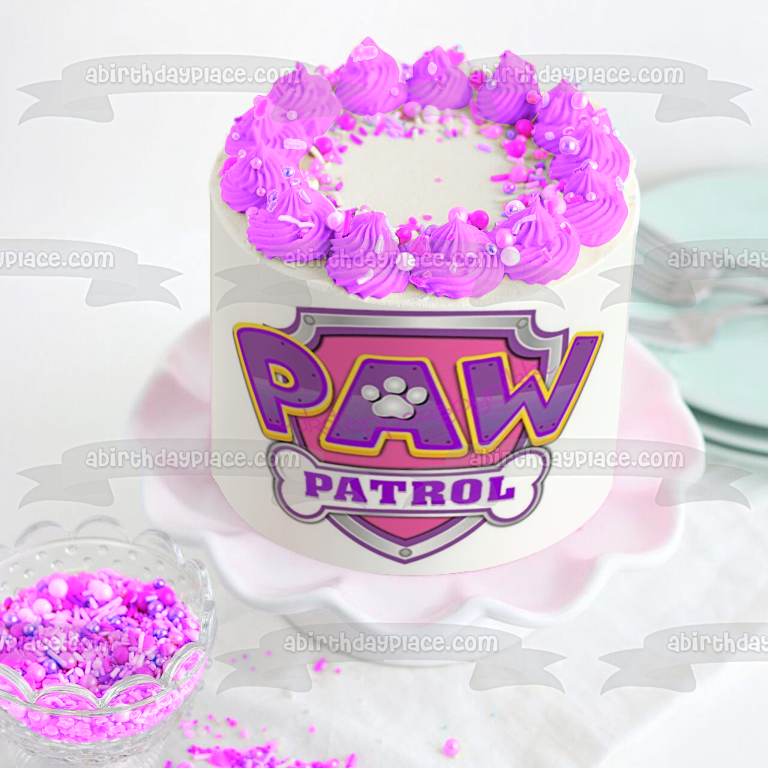 Paw Patrol Pink and Purple Badge Edible Cake Topper Image ABPID11379