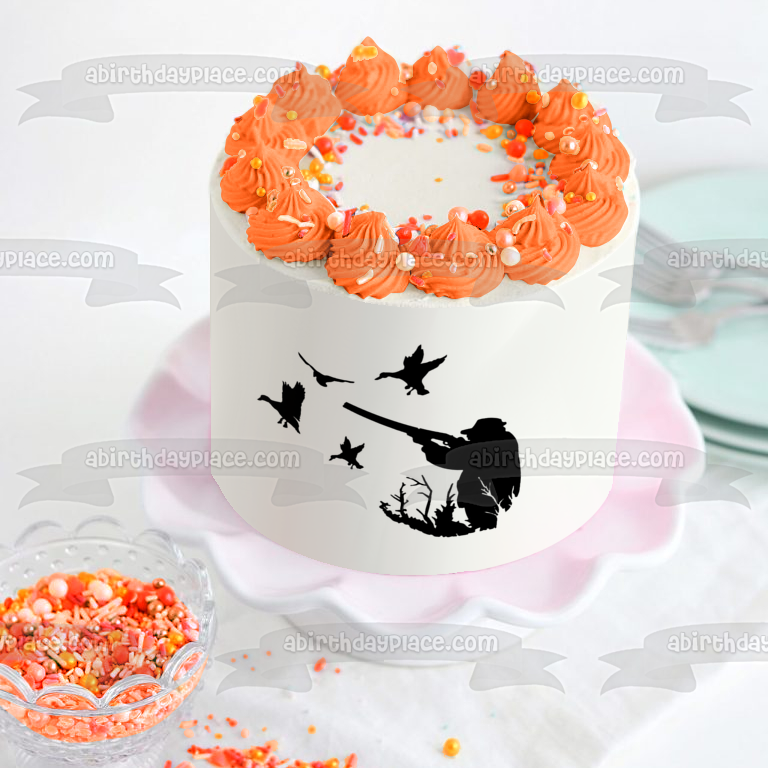 Duck Hunter Silhouette Shooting at Ducks Edible Cake Topper Image ABPID11398