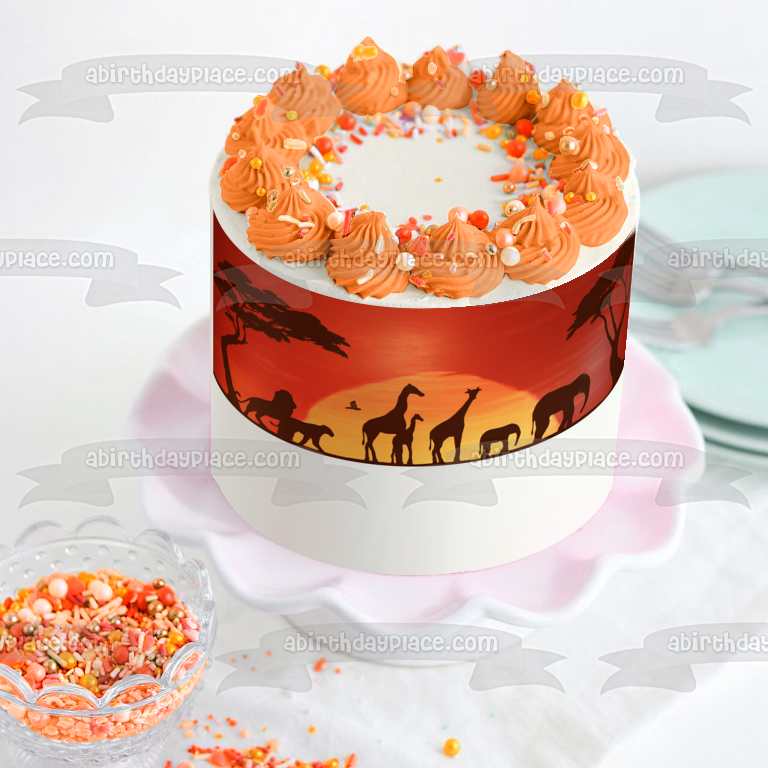 Disney El Rey León Siluetas de animales Fondo de atardecer Imagen comestible para decoración de tarta ABPID11686