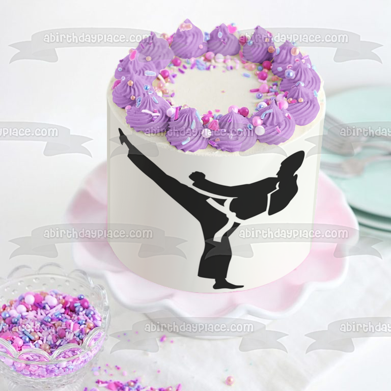 Karate High Kick White Belt Silhouette Edible Cake Topper Image ABPID55646
