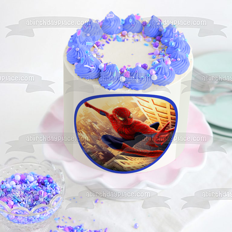 Marvel Spider-Man Jumping Over Buildings Edible Cake Topper Image ABPID11825