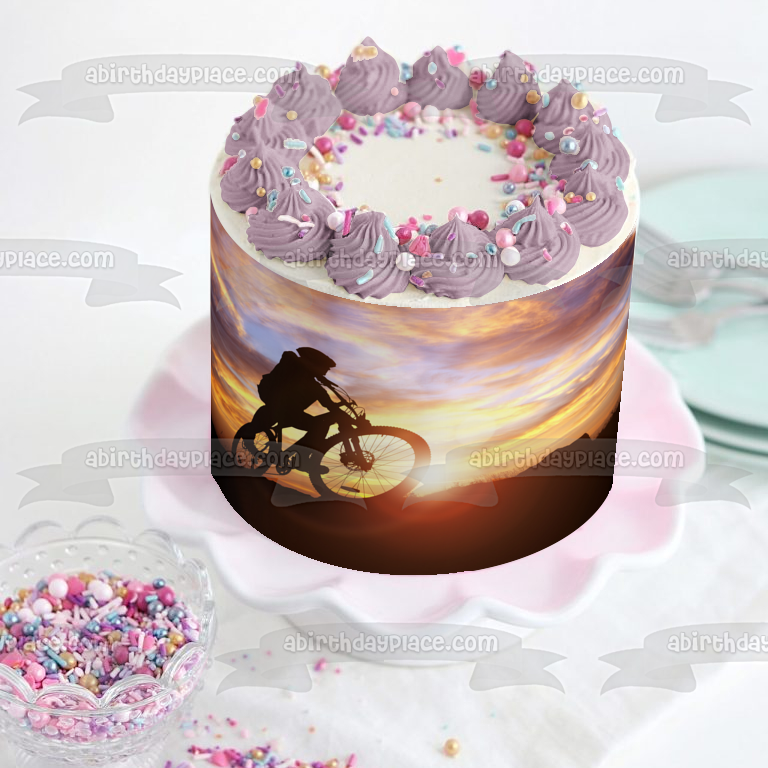 Imagen comestible para tarta con silueta de bicicleta de montaña al atardecer ABPID55930