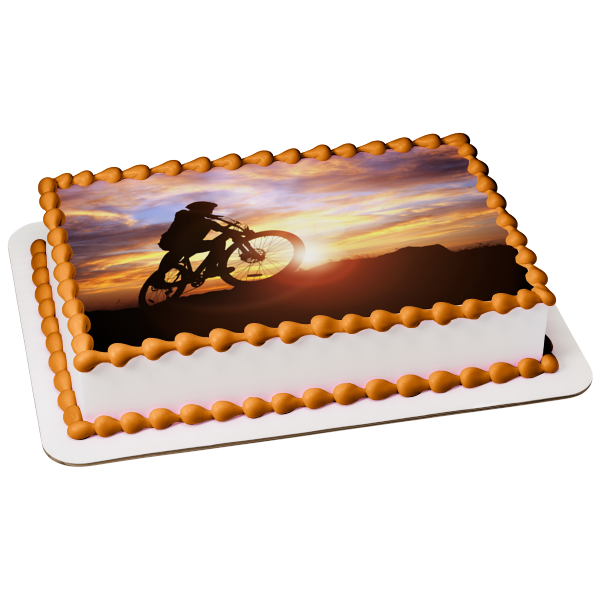 Mountain Biking Bike at Sunset Silhouette Edible Cake Topper Image ABPID55930