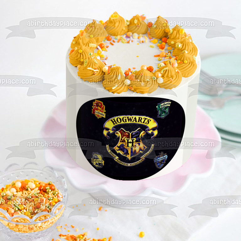 Harry Potter Hogwarts Crests Gryffindor Hufflepuff Hogwarts Emblem Ravenclaw Slytherin Black Background Edible Cake Topper Image ABPID11867