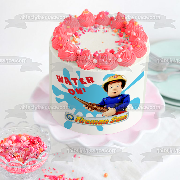 Sam el bombero agua en manguera contra incendios fondo de salpicaduras de agua imagen comestible para decoración de tarta ABPID12074