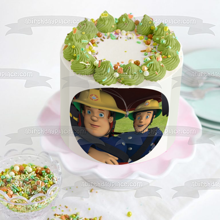 Fireman Sam Co-Worker In Fire Truck Edible Cake Topper Image ABPID12088