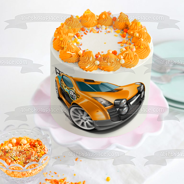 Mattel Hot Wheels Orange Race Car Edible Cake Topper Image ABPID12140