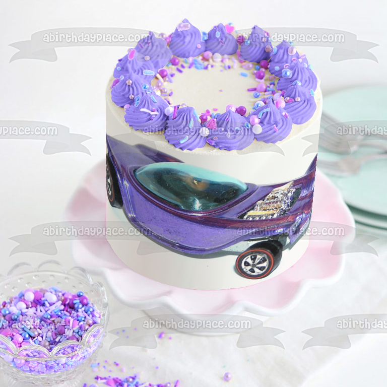 Imagen de adorno comestible para pastel púrpura de coche de carreras personalizado ABPID12375