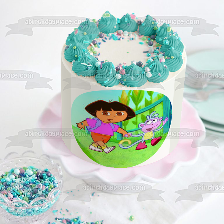 Dora the Explorer Boots Jungle Background Edible Cake Topper Image ABPID12193