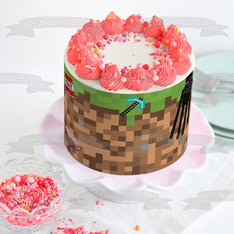 Minecraft Grass Block Pig Enderman Diamond Pick Axe Tnt Edible Cake Topper Image ABPID56044