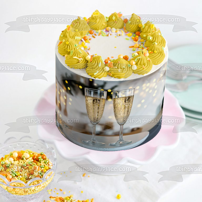 Champagne In Glasses Gold Glitter Background Edible Cake Topper Image ABPID56060