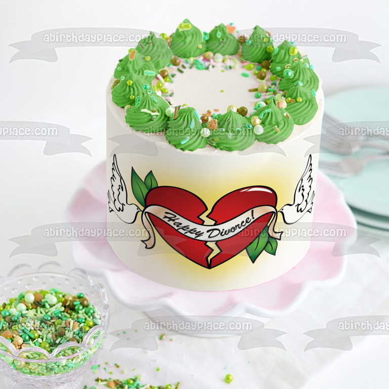 Happy Divorce Banner Broken Heart White Doves Edible Cake Topper Image ABPID13114